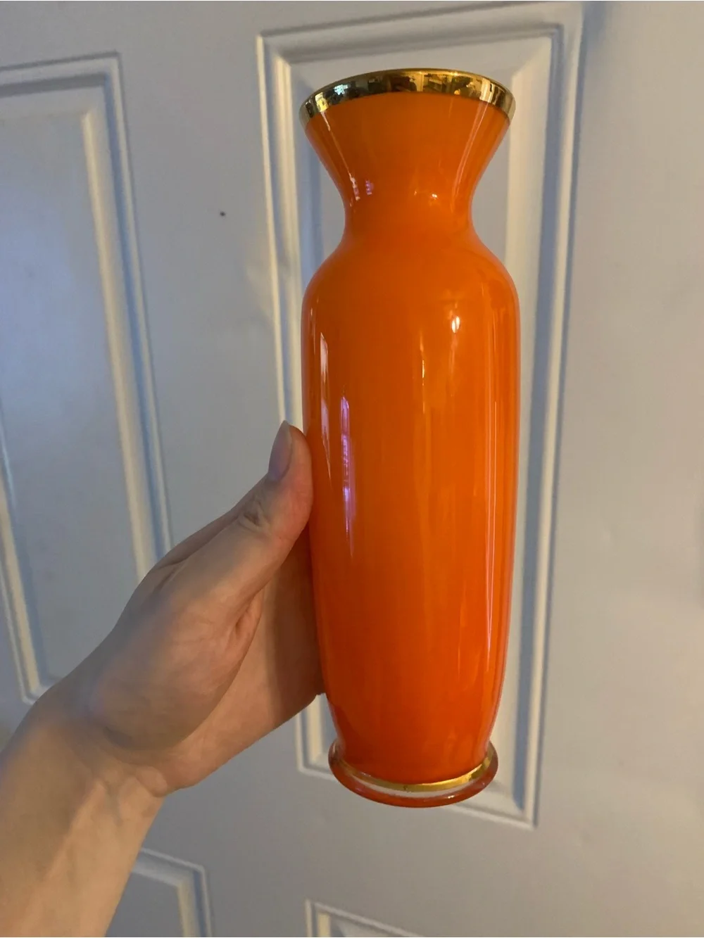 Made In Japan Orange Cased Flowers w/ Gold trim Vase 8 1/8